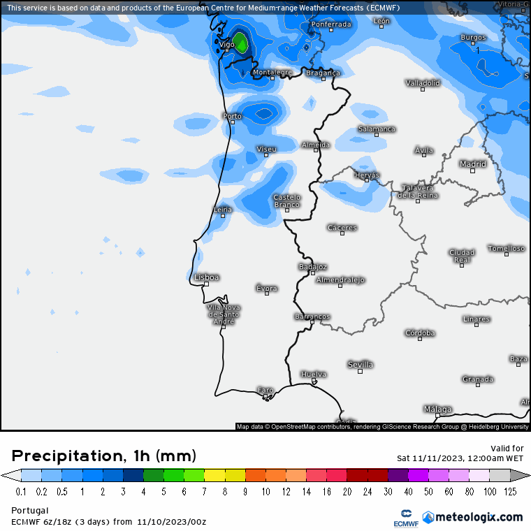 Previsão de Chuva Sábado 11 de Novembro Portugal Continental