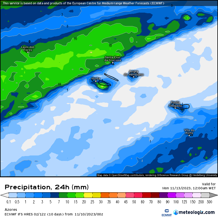 Previsão de Chuva Domingo 12 de Novembro Açores