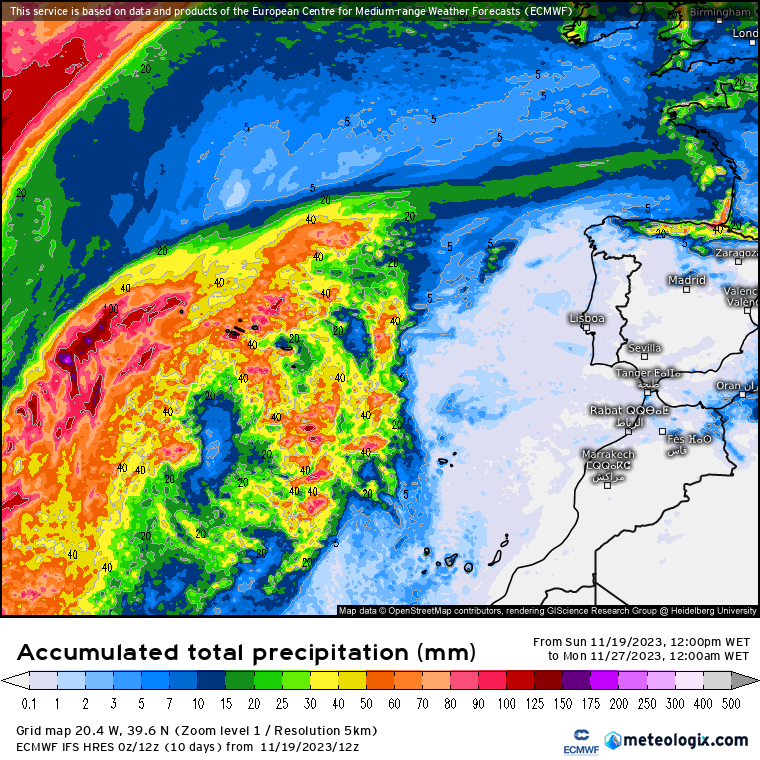 Mudança de tempo - Vem aí mais frio - Previsão semanal 20 a 26 de Novembro Precipitação acumulada até dia 26 de Novembro