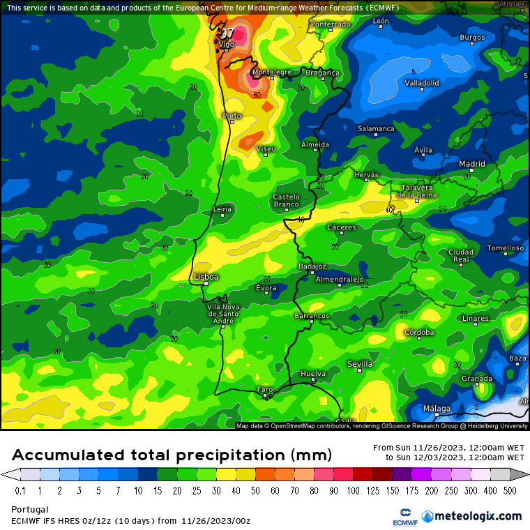 Vem aí chuva e algum vento - Mudança do tempo - Previsão Semanal 27 de Novembro a 3 de Dezembro Mudança do Tempo - Precipitação Acumulada Semanal