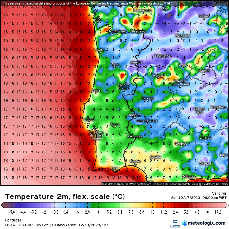Previsão do Tempo para Domingo, 17 de Dezembro de 2023 Previsão de temperaturas mínimas, Domingo, dia 17