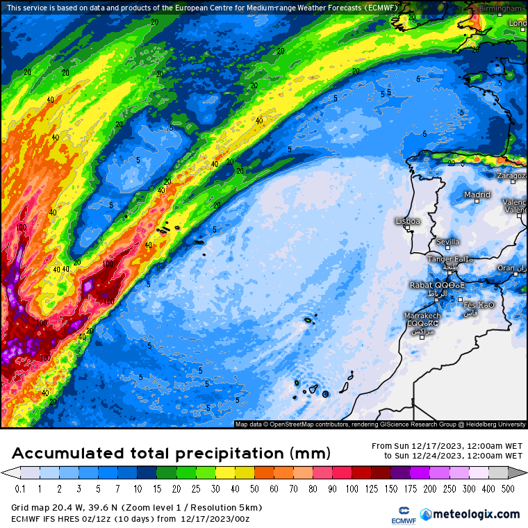 Previsão de chuva acumulada na semana de 18 a 24 de Dezembro