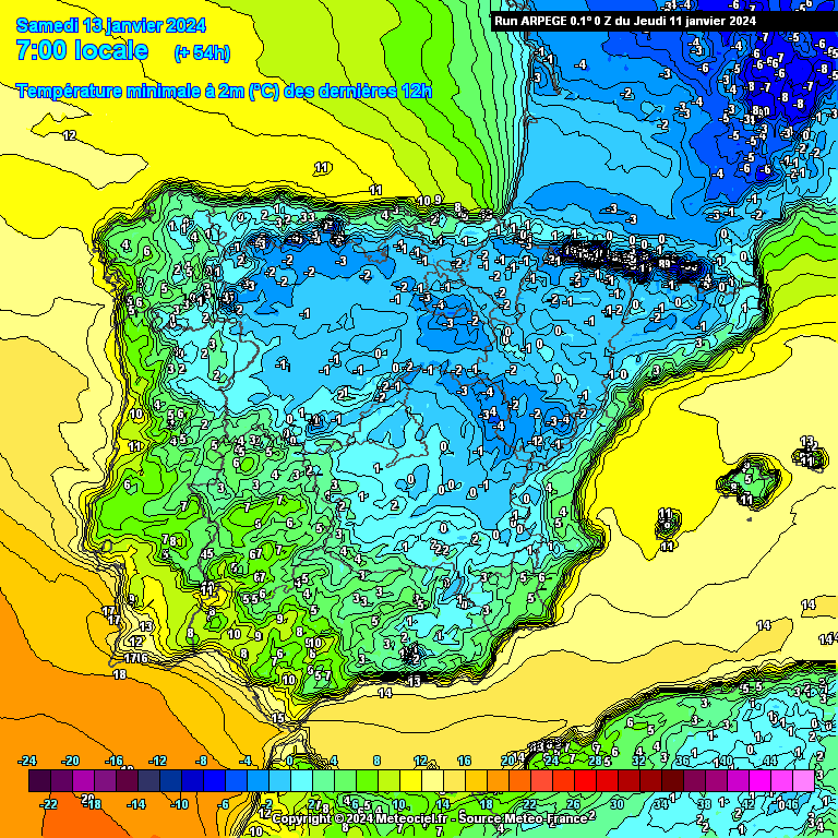 Previsão Temperaturas Sábado 13, Modelo ARPEGE