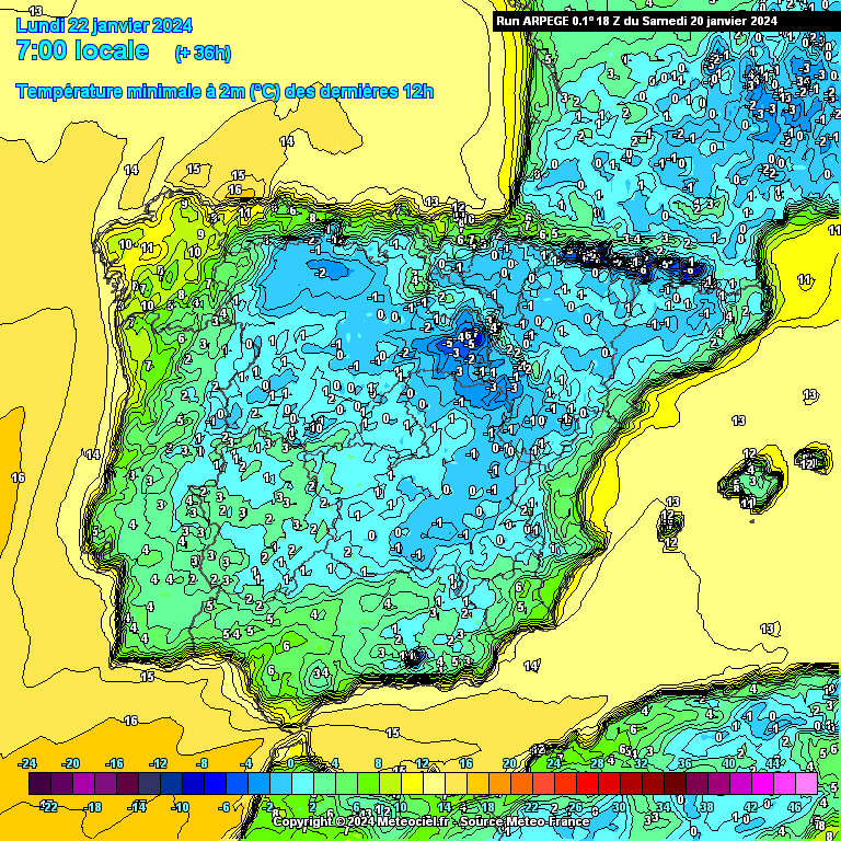 Temperaturas previstas Segunda 22 de Janeiro