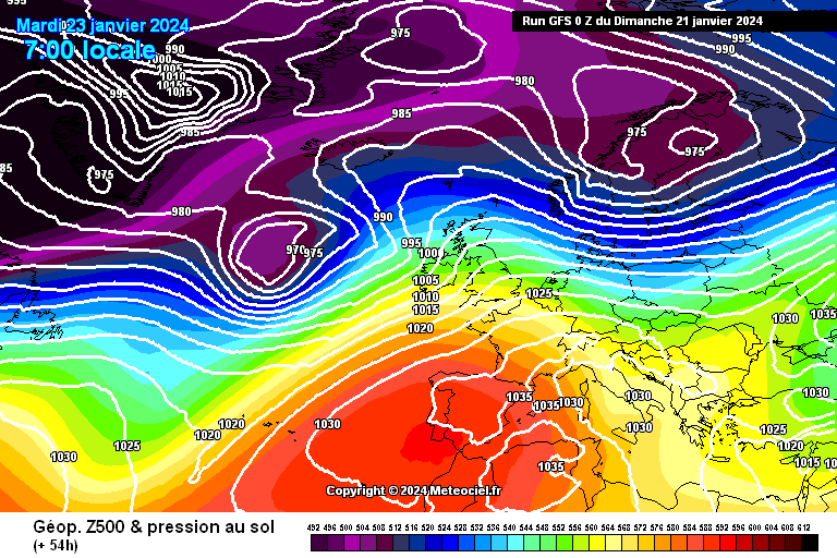 Previsao do Tempo para Terça, 23 de Janeiro de 2024 Previsão de pressão e geopotencial - GFS - Terça, 23 de Janeiro - Previsão do tempo