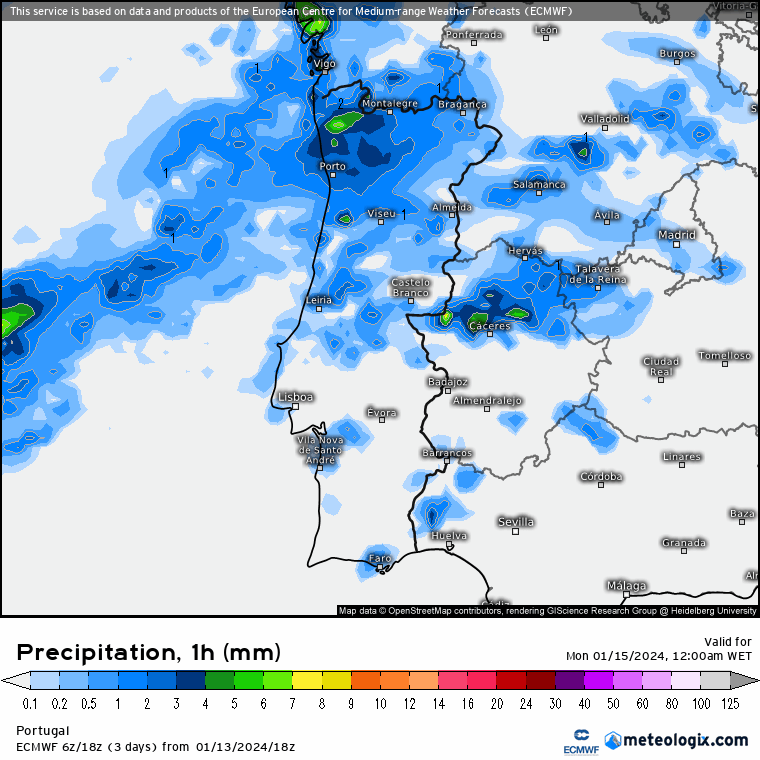 Previsão do Tempo para Segunda, 15 de Janeiro de 2024 Chuva Segunda dia 15 de Janeiro Portugal Continental
