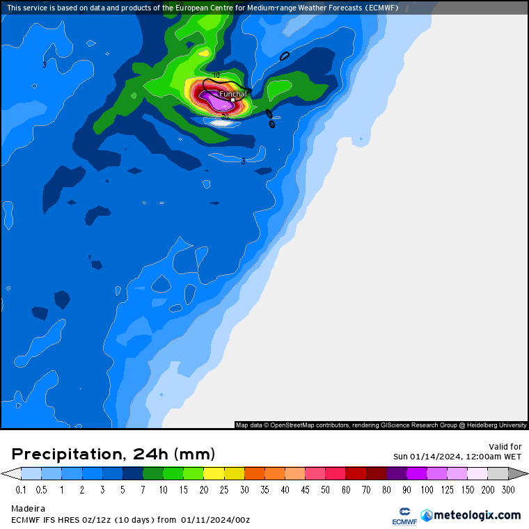 Chuva Madeira ECMWF Sábado 13