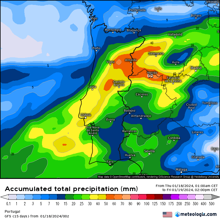 Depressão Juan: Chuva forte a partir do final da tarde de Quinta-feira, dia 18 GFS Precipitação - Previsão para Quinta e Sexta